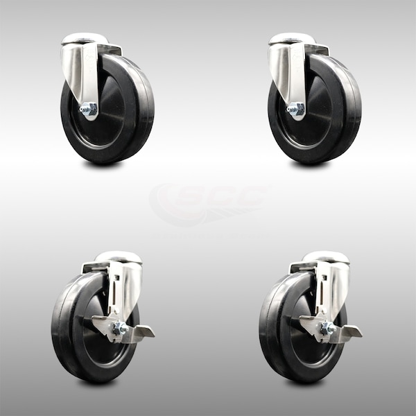 5 Inch 316SS Soft Rubber Wheel Swivel Bolt Hole Caster Brakes SCC, 2PK